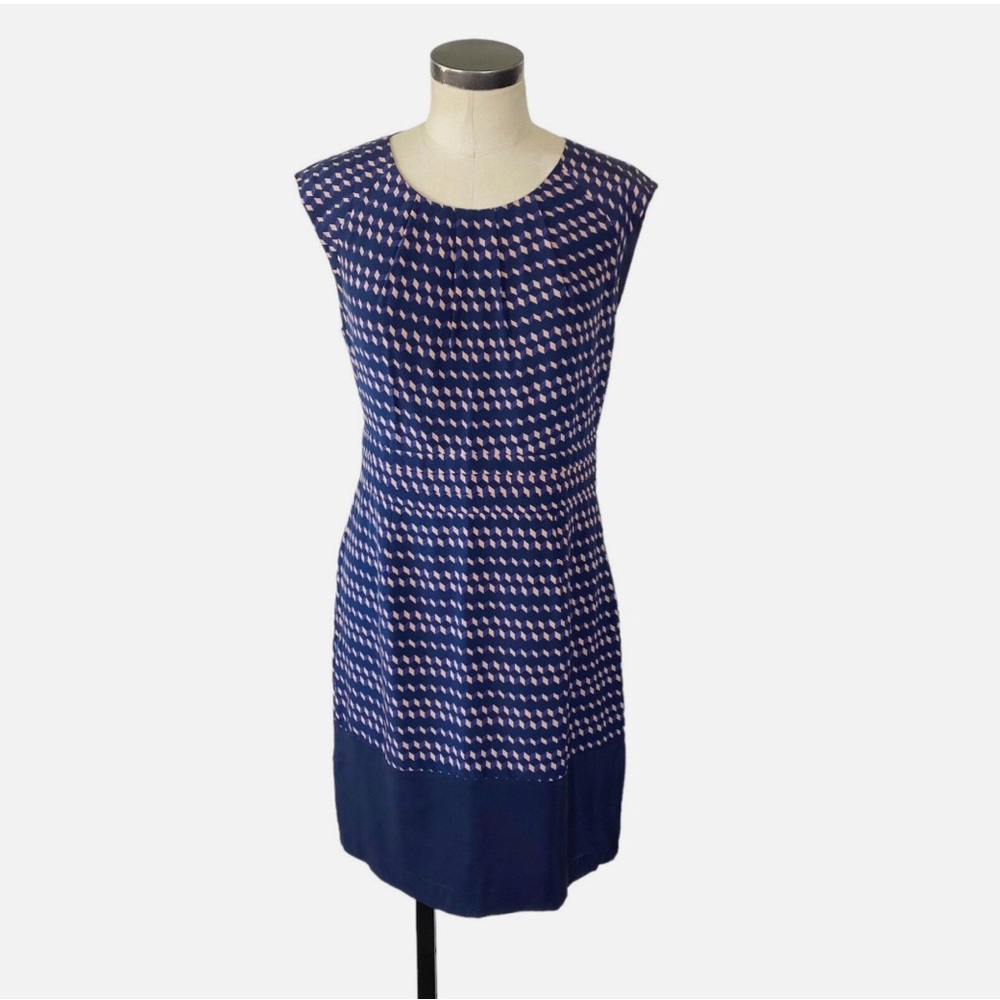 Tory Burch Marlow 100% Silk Sheath Dress Size 10 Geometric Cube Print Navy/Pink